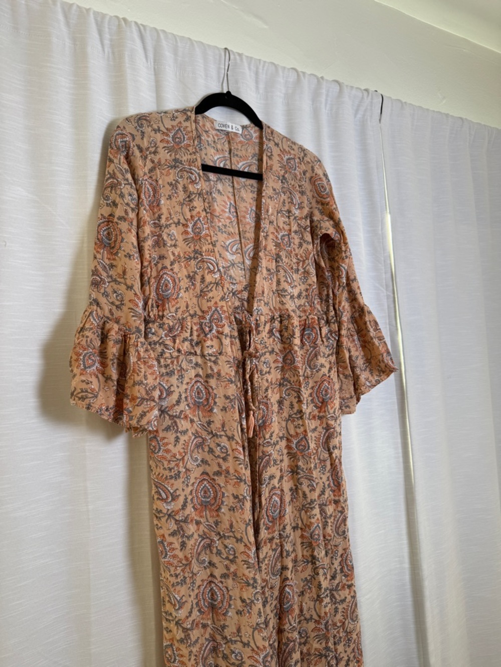Coven & Co Boho Paisley Maxi Dress Tan Rust Flowy Ruffle Hem Cottagecore Size S - Picture 6 of 16